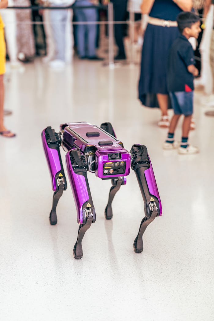portfolio-03 A purple quadruped robot interacting with people in a Dubai exhibition space.