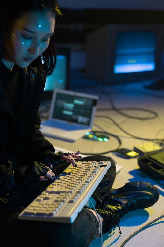 portfolio-05 A young woman hacker typing on a keyboard in a dimly lit room filled with old tech equipment, symbolizing cybersecurity themes.