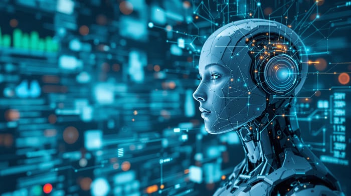 ai powered female robot in a digital data stream backgrounds jpg free download pikbest